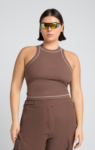 Woman wearing Oasis Tank Cabin Colorway