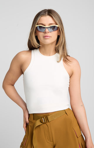 Woman wearing Oasis Tank Dew colorway