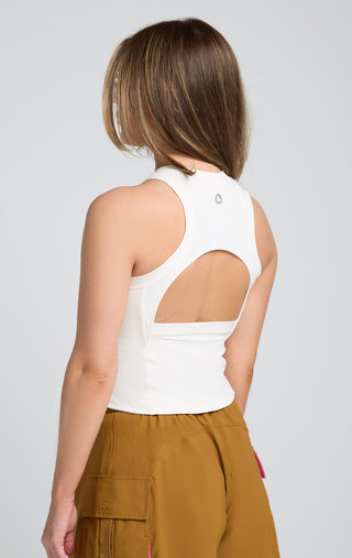 Woman wearing Oasis Tank Dew colorway